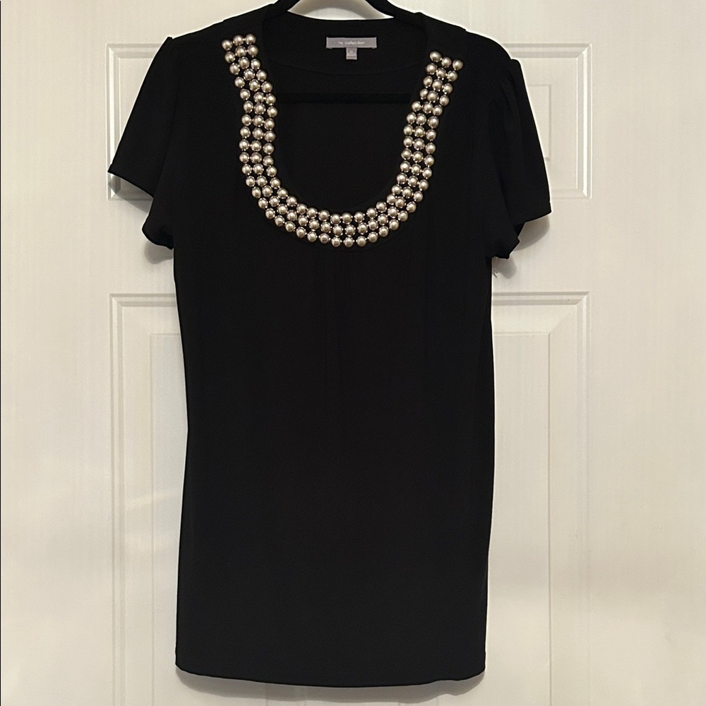 NY Collection Tunic Top Silver Embellishments XL Black Scoop Neck Classy Stretch
